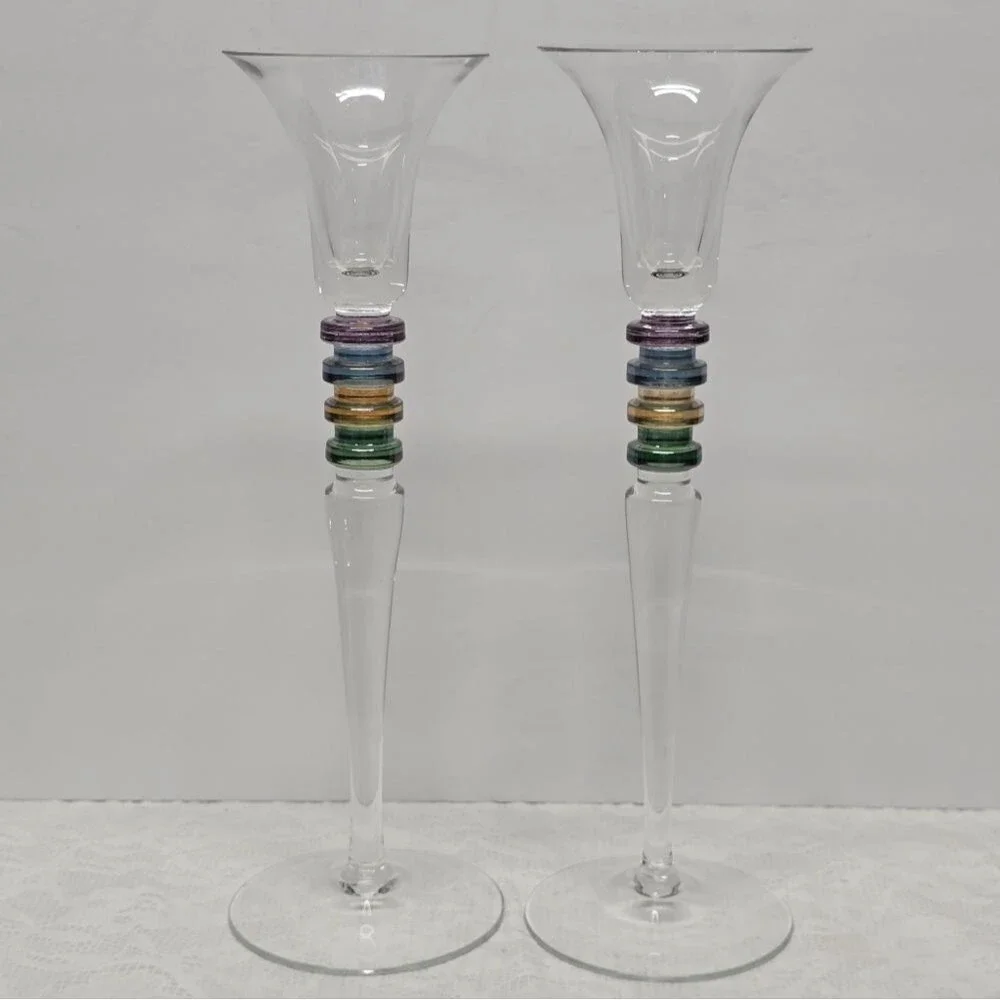 Vintage 90s Block Carnival Crystal Candlestick Holder Set Of 2 Poland 12